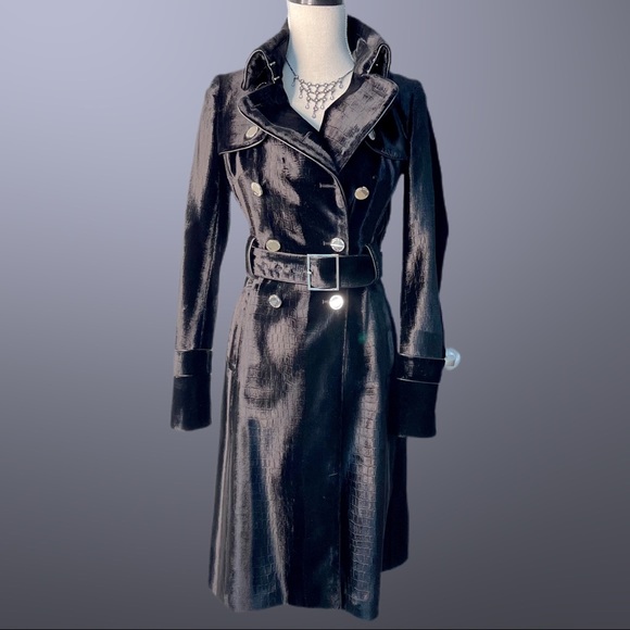 Karen Millen Black Glossy Faux Fur Trench Coat Silver Belted Lined Mob Wife - Picture 3 of 17